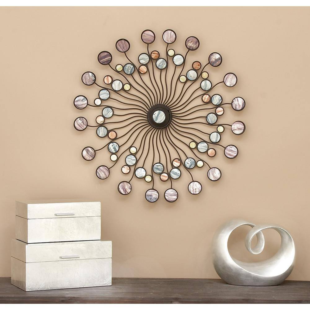 Multi-Colored Iron Sunburst Wall Sculpture with Marble Accents