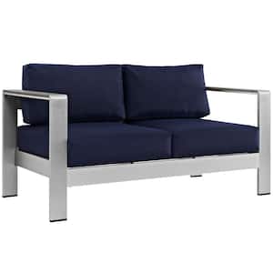 Shore Aluminum Patio Outdoor Loveseat in Silver with Navy Cushions