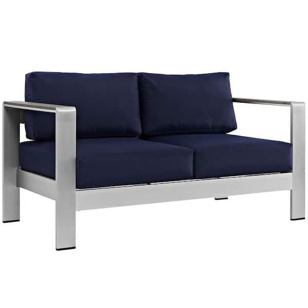 MODWAY Shore Aluminum Patio Outdoor Loveseat in Silver with Navy Cushions
