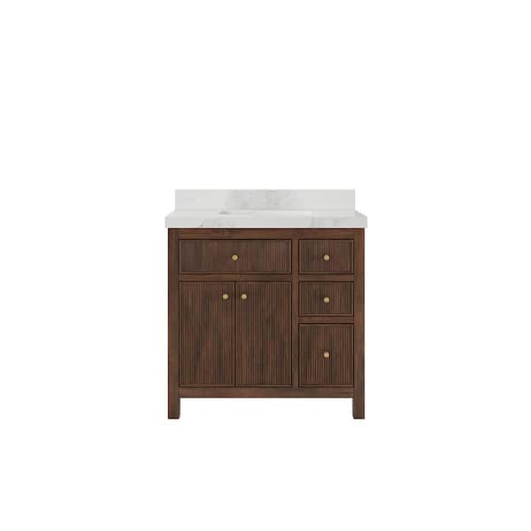 Willow Collections Sonoma Teak 36 in. Single Sink Freestanding Dark Walnut Bath Vanity with Calcutta Nuvo Quartz Top Unassembled
