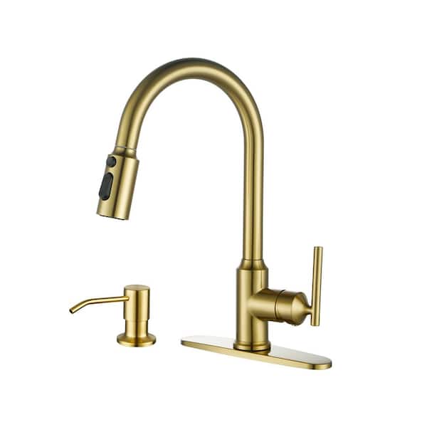 ARCORA Single Handle Pull Down Sprayer Kitchen Faucet with Soap Dispenser 304 Stainless Steel Sink Faucets in Gold