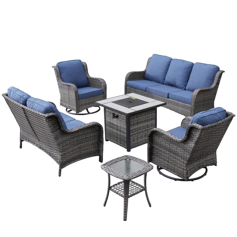 Daydreamer Gray 6-Piece Wicker Patio Fire Pit Set with Denim Blue Cushions and Swivel Rocking Chairs