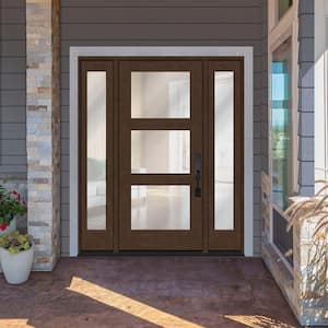 Regency 64" x 80" Modern 3 Lite Equal Clear Glass RHOS Hickory Mahogany Fiberglass Prehung Front Door w/Dbl 12 in. SL