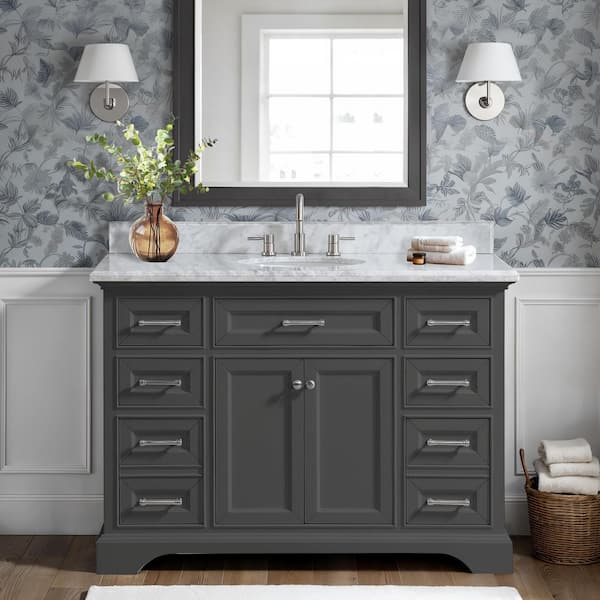 Windlowe 49 in. Single Sink Gray Bath Vanity with White Carrara Marble Top (Assembled)