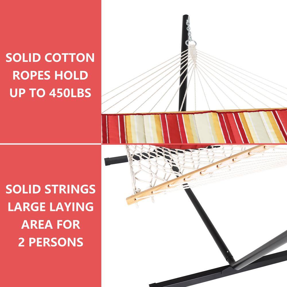 Striped Red and Beige Metal Stand 2-Person Hammock with Pillow