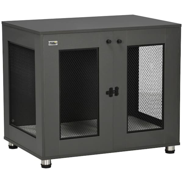 PawHut Dog Crate Furniture with Water-Resistant Cushion, Dog Crate End Table with Double Doors, Charcoal Grey