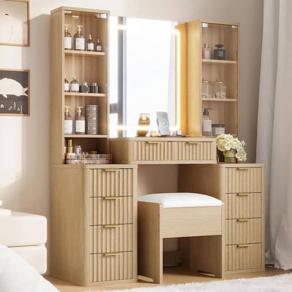 2-Piece Oak Makeup Vanity Set with Storage Stool, LED Mirror, Glass Top, Glass Cabinets, Charging Station, 10-Drawers