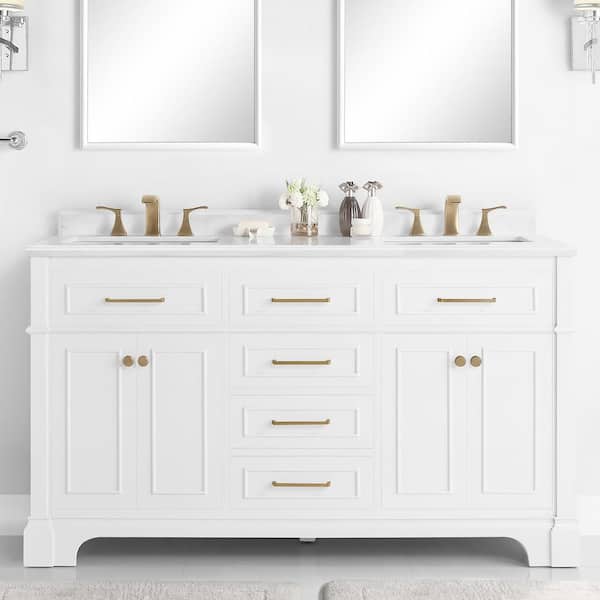 Home Decorators Collection Melpark 60 in. W x 22 in. D x 34 in. H Double Sink Bath Vanity in White with White Engineered Marble Top