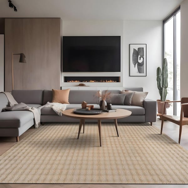 Aurora 3 ft. x 5 ft. Beige Non-Slip Rubber Back Washable Polyester Checker Indoor Entryway Rug