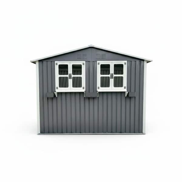Gray 6 ft. W x 9 ft. D Metal Shed Outdoor Storage Sheds with Window & Flower Rack, Lockable Double Doors (54 sq. ft.)