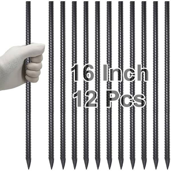 5/16 in. x 16 in. Black Heavy Duty Rebar Stakes Straight Metal Spikes for Fence, Concrete Timber Garden Plants, 12-Piece