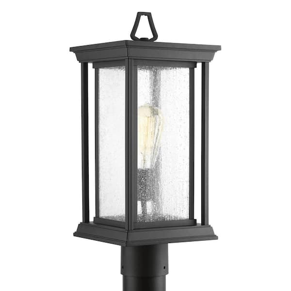 Endicott Collection 1-Light Textured Black Clear Seeded Glass Craftsman Outdoor Post Lantern Light