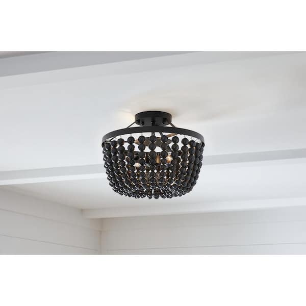 Cayman 13 in. 2-Light Black Beaded Semi-Flush Mount Ceiling Light Fixture with Black Beaded Shade