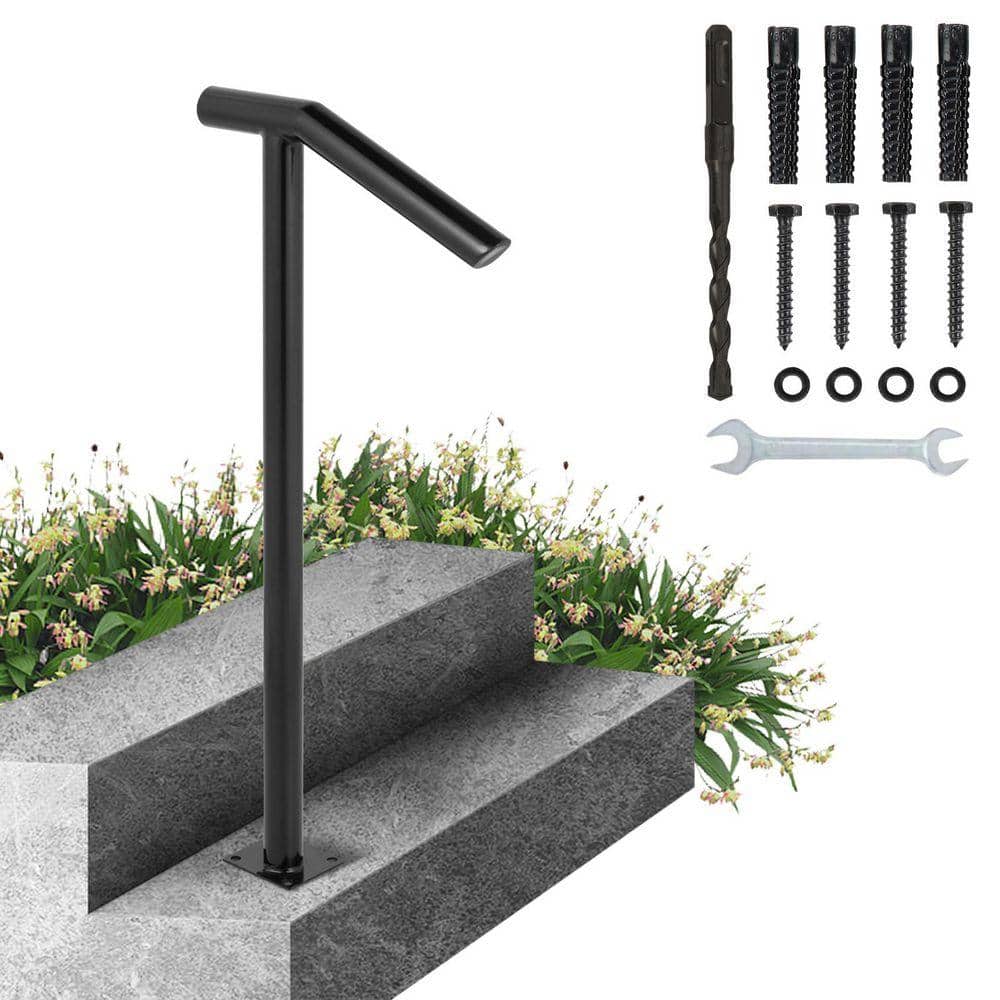 VEVOR Single Post Handrail Fits 1 or 2 Steps Wrought Iron Handrails Outdoor Stair Railing, Black (7DQujphK7yIO4EV)