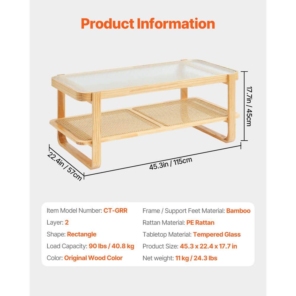 Natural Pine Wood and Glass Rectangular Coffee Table with Storage