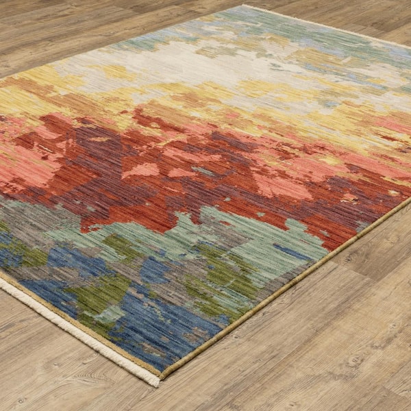 Solano Beige/Multi-Colored Doormat 3 ft. x 5 ft. Abstract Horizons Wool Nylon Blend Fringe-Edge Indoor Area Rug