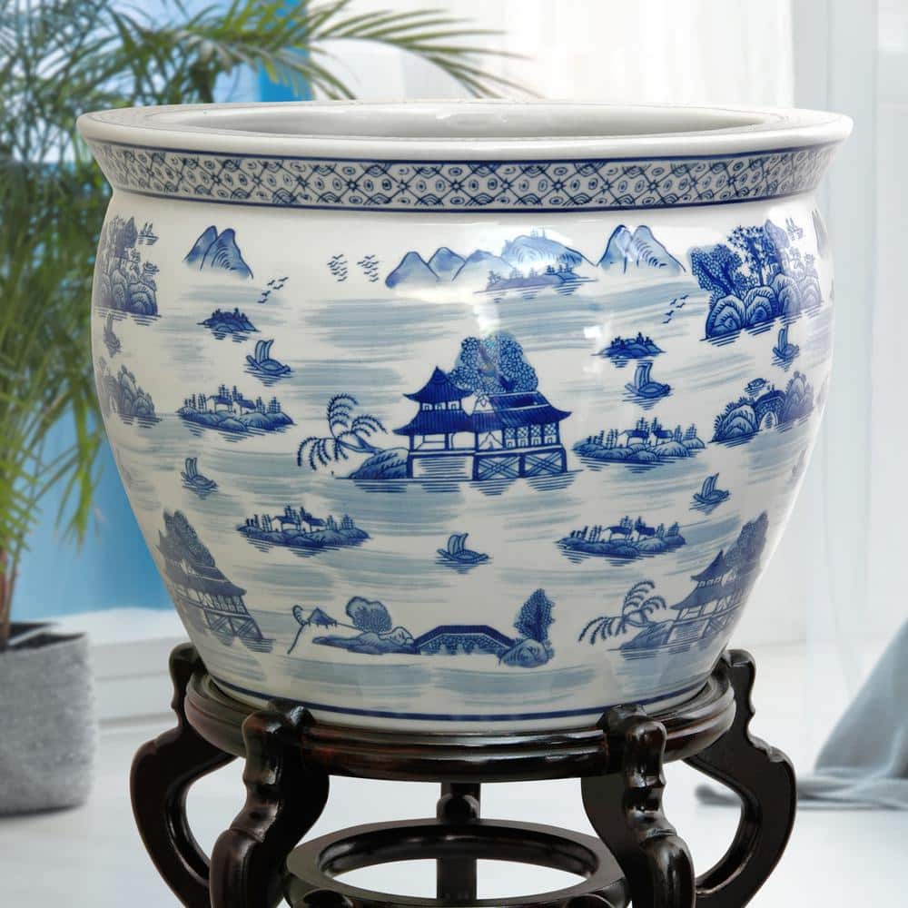 Ming Dynasty Blue & White Porcelain Fishbowl with Optional Stand