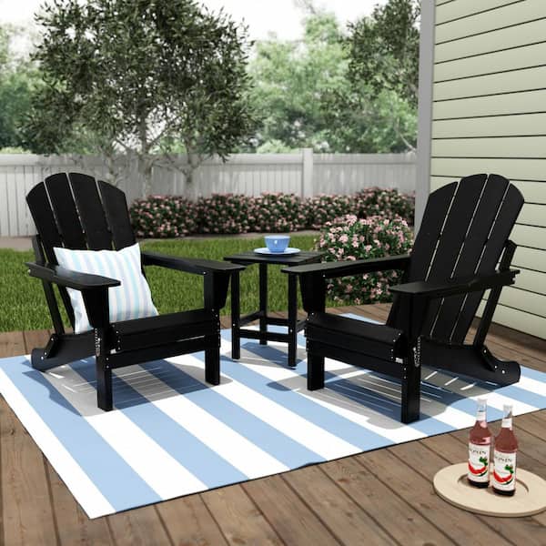 Laguna 3-Piece Fade Resistant Outdoor Patio HDPE Poly Plastic Folding Adirondack Chair Set with Side Table in Black