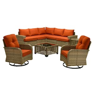 Aimee 9-Piece Wicker Patio Conversation Seating Sofa Set with Orange Red Cushions and Swivel Rocking Chairs