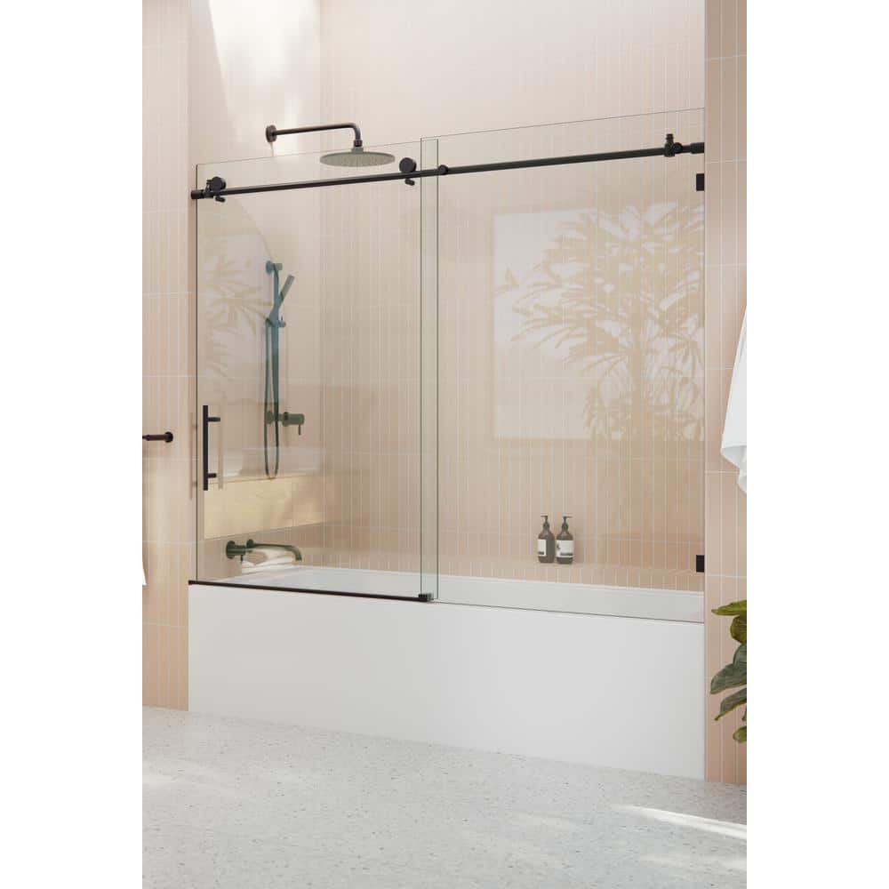 Matte Black Frameless Sliding Bathtub Door with Tempered Glass Panels
