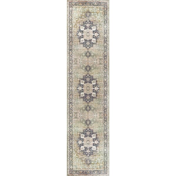 Maris Ornate Medallion Machine-Washable Green/Tan/Blue 2 ft. x 8 ft. Runner Rug