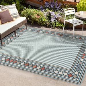 Sebastian Approximate Rug Size (5 x 8 ft.) High-Low Modern Blue/Ivory Diamond Border Indoor/Outdoor Area Rug