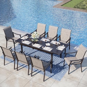 Black 9-Piece Metal Outdoor Patio Dining Set with Geometric Extendable Table and Textilene Chairs