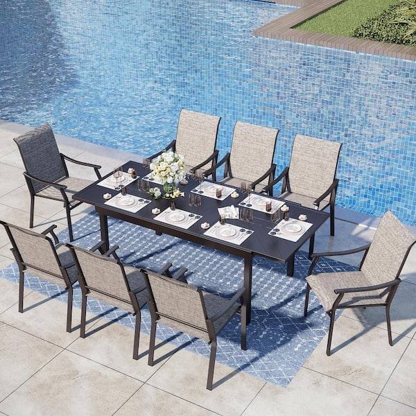 PHI VILLA Black 9-Piece Metal Outdoor Patio Dining Set with Geometric Extendable Table and Textilene Chairs