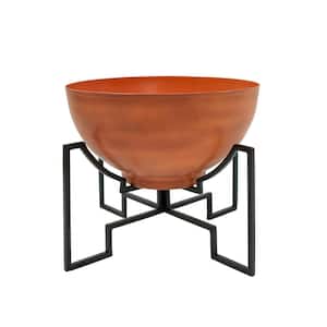 16 in. Dia Round Burnt Sienna Galvanized Steel Planter Bowl with Black Wrought Iron Plant Stand
