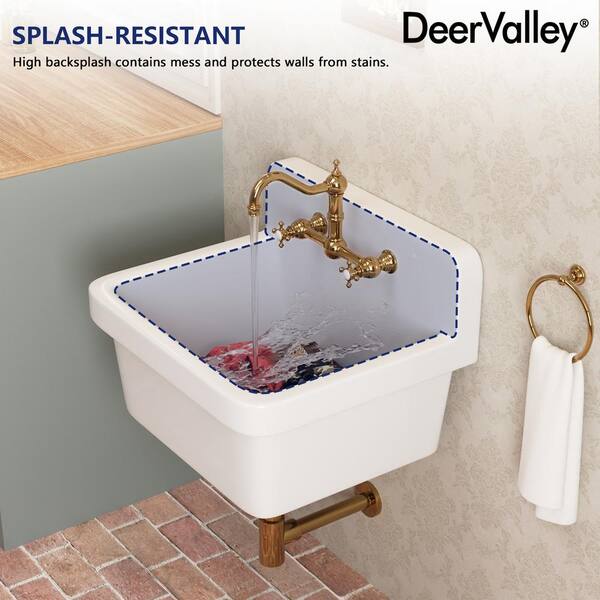 DEERVALLEY 10 Gallon Ceramic Wall Mount Laundry Utility Sink with Basket Strainer