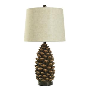 30.75 in. Roanoke Brown, Heathered Cream Pineapple Task and Reading Table Lamp for Living Room with Beige Linen Shade