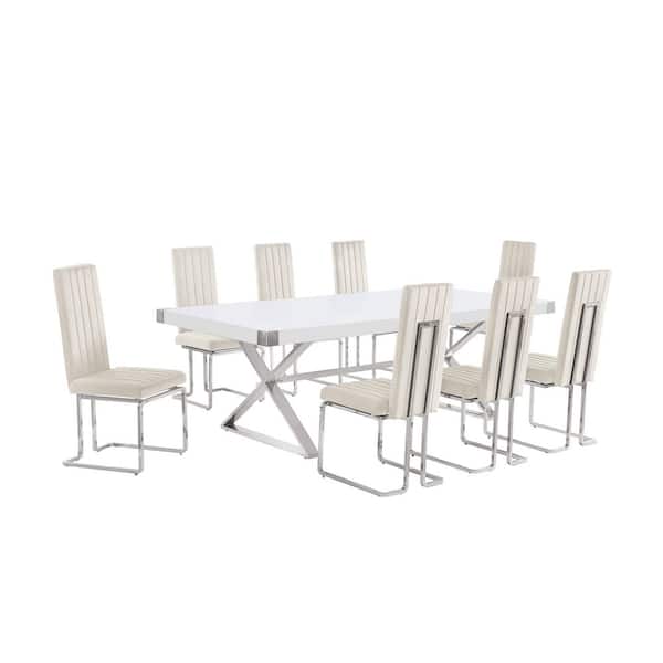 Miguel 9-Piece Rectangle White Wood Top Silver Stainless Steel Dining Set with 8 Cream Velvet Chairs