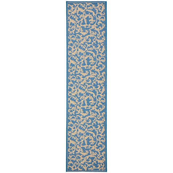SAFAVIEH Courtyard Blue/Natural 2 ft. x 12 ft. Border Indoor/Outdoor Patio  Runner Rug