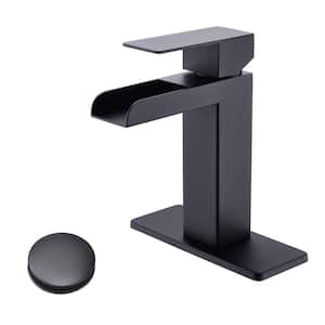 Single-Handle Single-Hole Waterfall Spout Bathroom Faucet with Deckplate and Drain Assembly in Matte Black