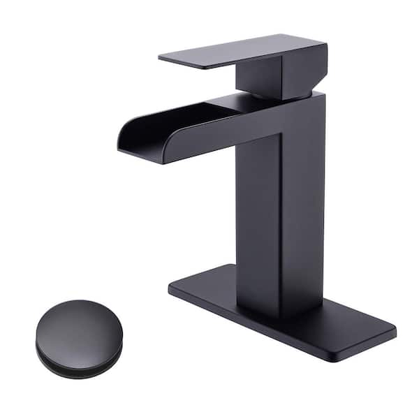 PROOX Single-Handle Single-Hole Waterfall Spout Bathroom Faucet with Deckplate and Drain Assembly in Matte Black