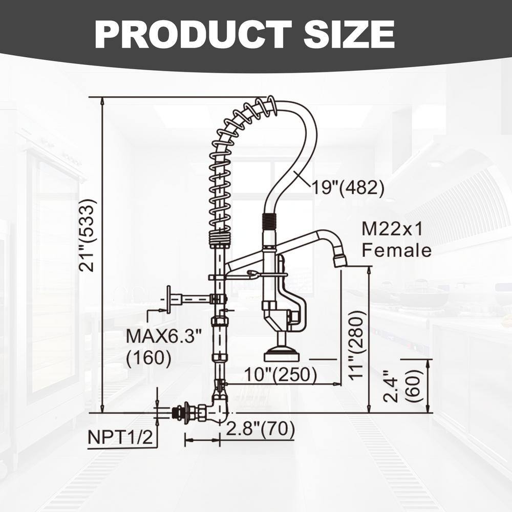 Brushed Nickel 21" Wall Mount Commercial Kitchen Faucet with Pull-out Spray