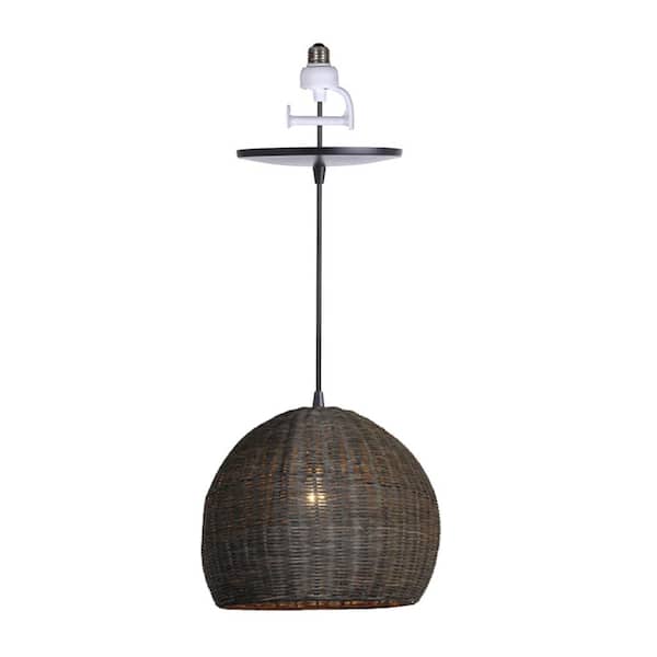 Worth Home Products Instant Pendant 1-Light Recessed Light Conversion Kit Matte Black Handmade Woven Black Rattan Shade