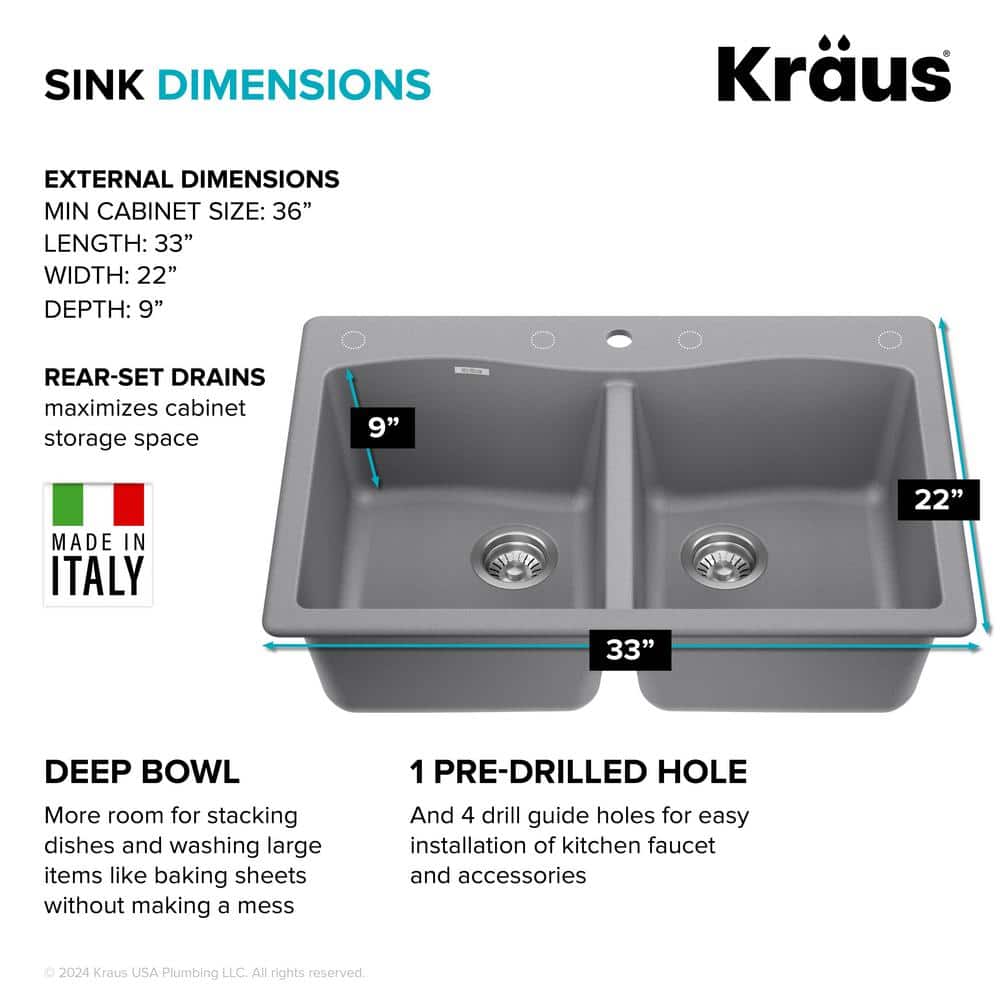 Gray Granite Dual Bowl Drop-In Kitchen Sink with Accessories