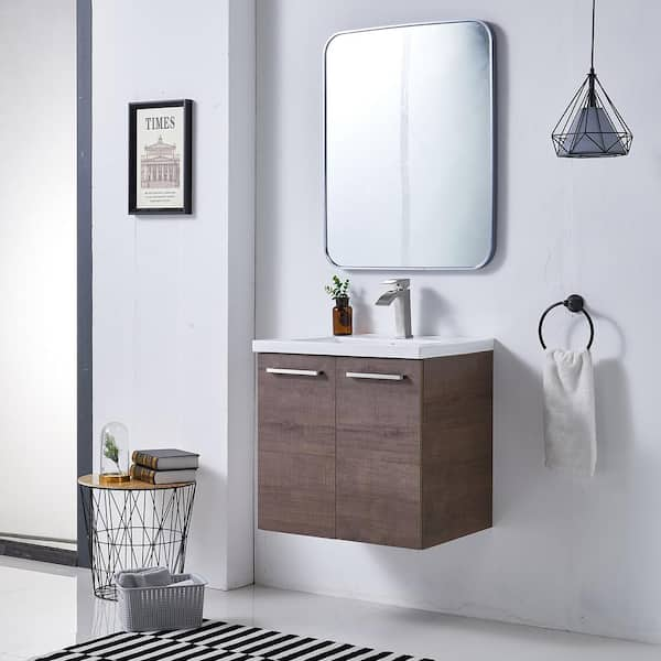 24 Modern White Floating Bathroom Vanity with Drawer Shelf Integral Single Ceramic Sink