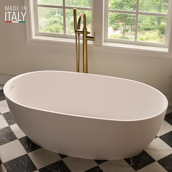 Canali 59 in. x 27.5 in. Freestanding Soaking Oval Bathtub drain in Matte White epiStone Solid Surface with right