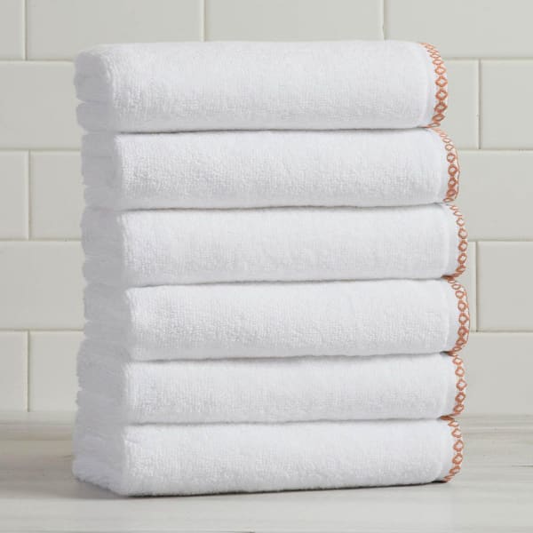 White / Clay Quick-Dry Cotton Boho-Inspired Border 6 Pack Hand Towel Set