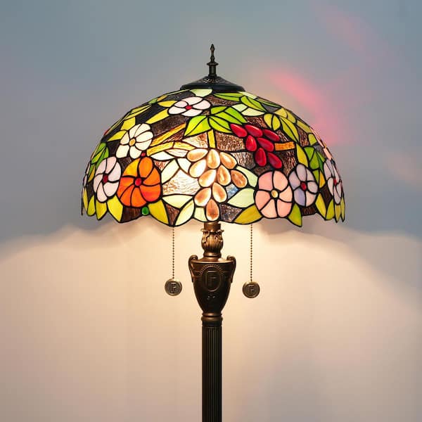 64 in. Tiffany Style Bronze Finish 2-Light Standard Floor Lamp with Multi-Colored Grape Floral Stained Glass Lamp Shade