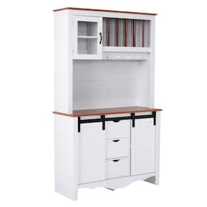 Farmhouse Series White Buffet and Hutch with Sliding Barndoor and 3-Drawers