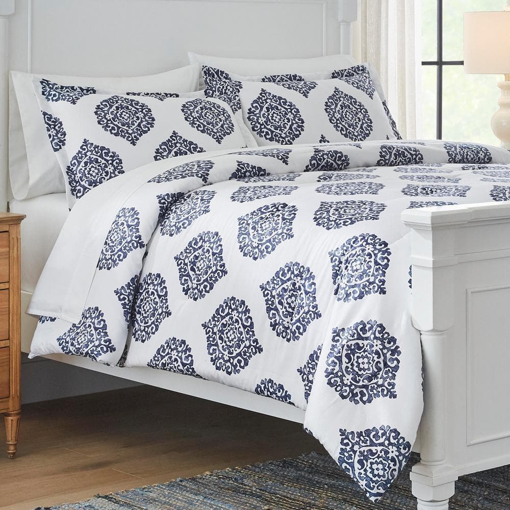 blue and white duvet