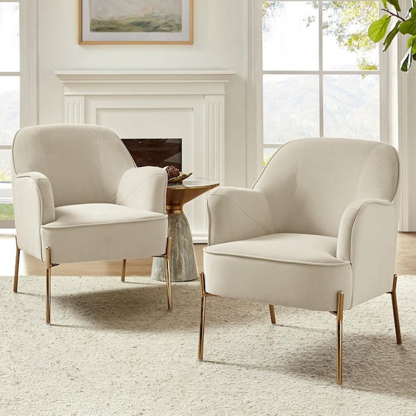 Nora Modern Tan Velvet Accent Arm Chair with Gold Metal Legs (Set of 2)