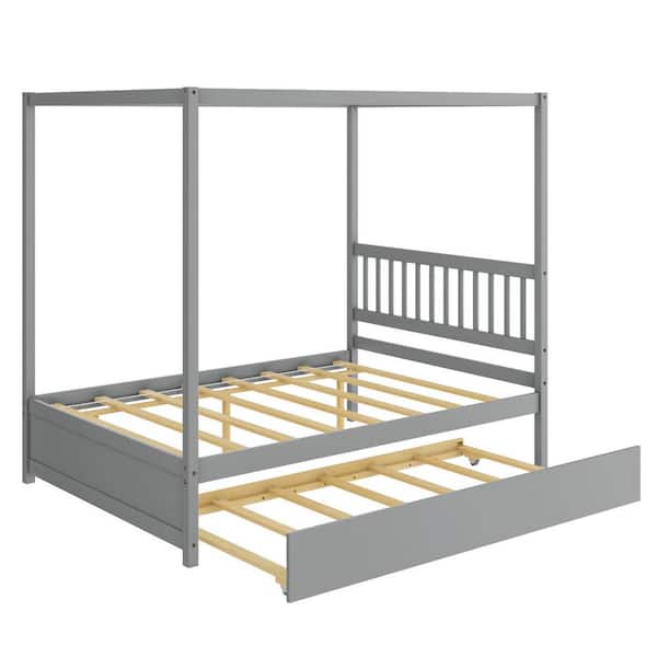 ANGELES HOME Gray Wooden Frame Full Size Platform Bed with Trundle Platform Bed Frame Headboard