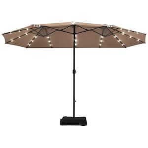 15 ft. Steel Market Solar Patio Umbrella in Tan with LED Lights and Base Stand