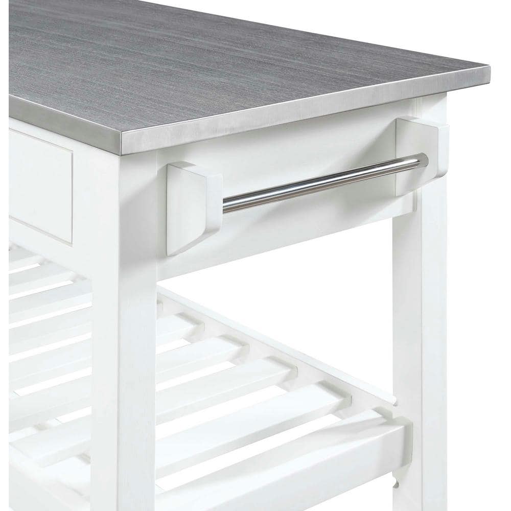 White Stainless Steel Kitchen Cart with Wine Rack and Storage