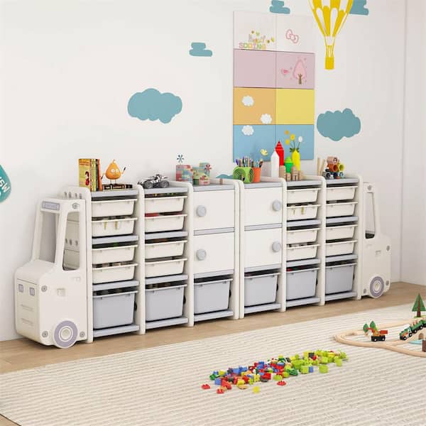 37 in. H x 58 in. W x 13.5 in. D Off-white Plastic Kids Toy Storage Organizer with 2 Cabinets and 11 Removable Bins