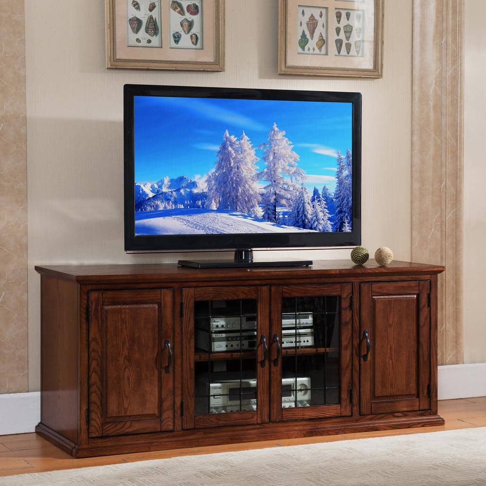 Burnished Oak 60" TV Stand with Leaded Glass Cabinet
